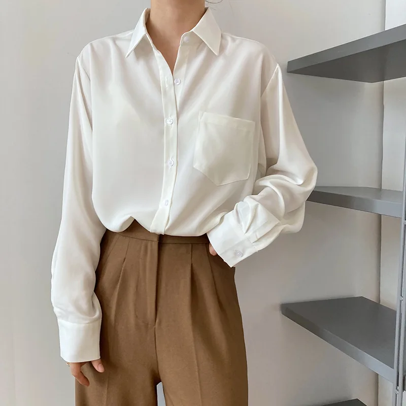 

Simple Drape Long Sleeve Chiffon Shirt Women Spring 2021 Turn-Down Collar Pocket Tops Elegant Solid Female Loose Blouse