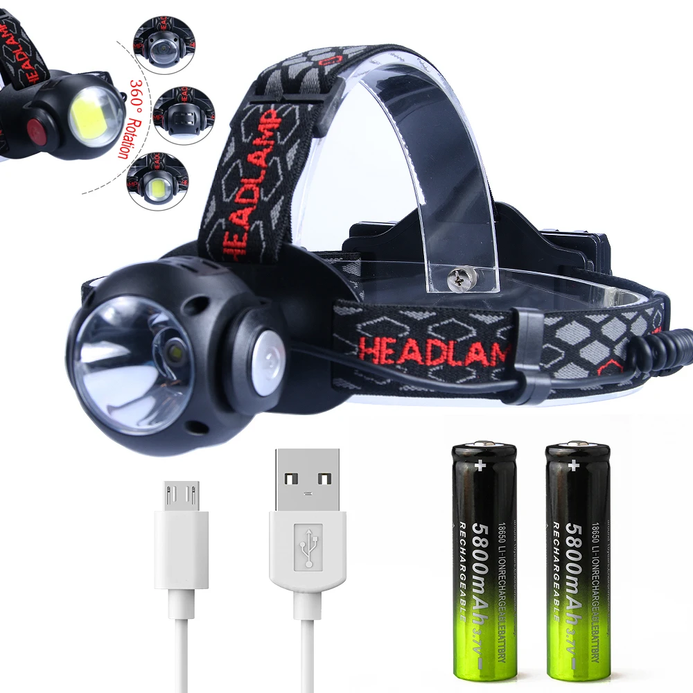 USB Headlamp COB LED Headlight 8000LM T6 Double Use Head Lamp Torch Multi-Functional Rotate Red White Light Waterproof by 18650 | Освещение