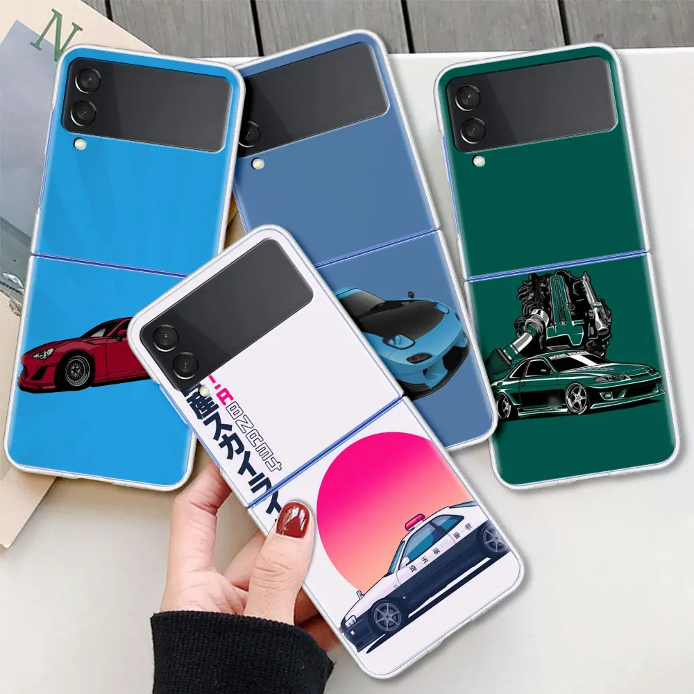 

Sports Car Jdm Drift Folding Phone Case for Samsung Galaxy Z Flip 6.7" PC Hard Cover Capa Z Flip3 5G Clear Funda Coque Housing