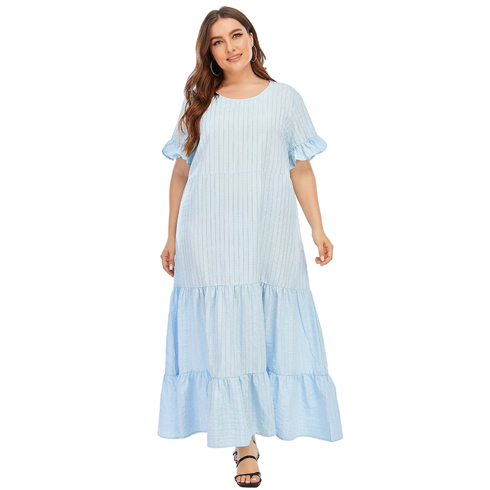 

5XL Loose Plus Size Summer Dresses For Women Short Sleeve See Through Striped Ruffles Dress Blue Maxi Long Casual Dresses