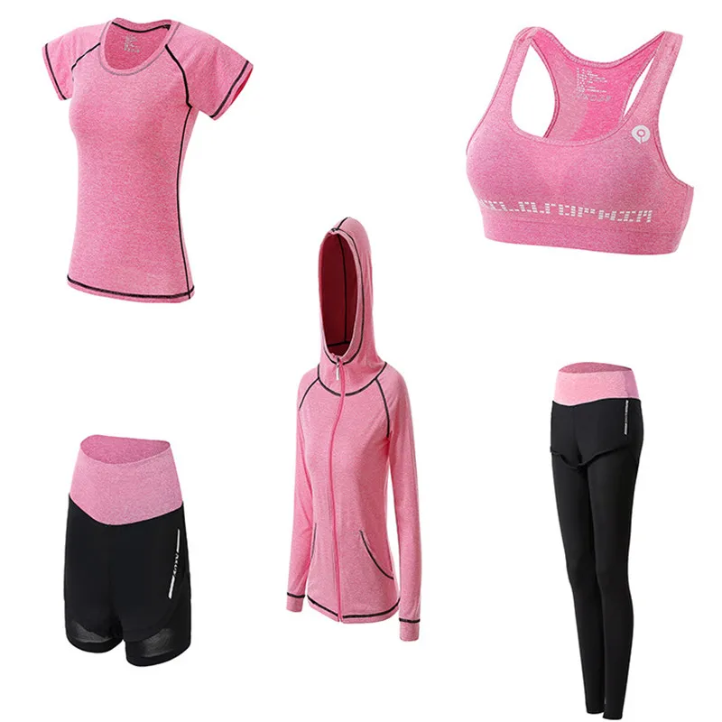 5-pink 1 комплект/5 шт., женские комплекты для йоги, для улицы, для бега, йоги, спортивный комбинезон, быстросохнущий, для фитнеса, тренажерного зала, женская одежда для тренировок, спортивный комплект - Цвет: 5-pink