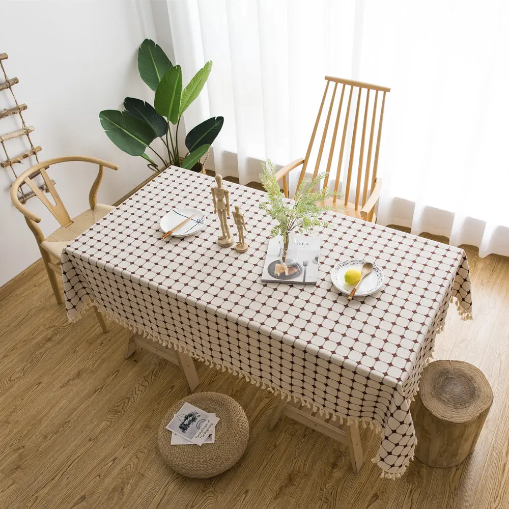 

Embroidered Plaid Table Cloth Cotton Linen Dining Tea Table Cover Rectangular Simple Tablecloth For Home Decoration