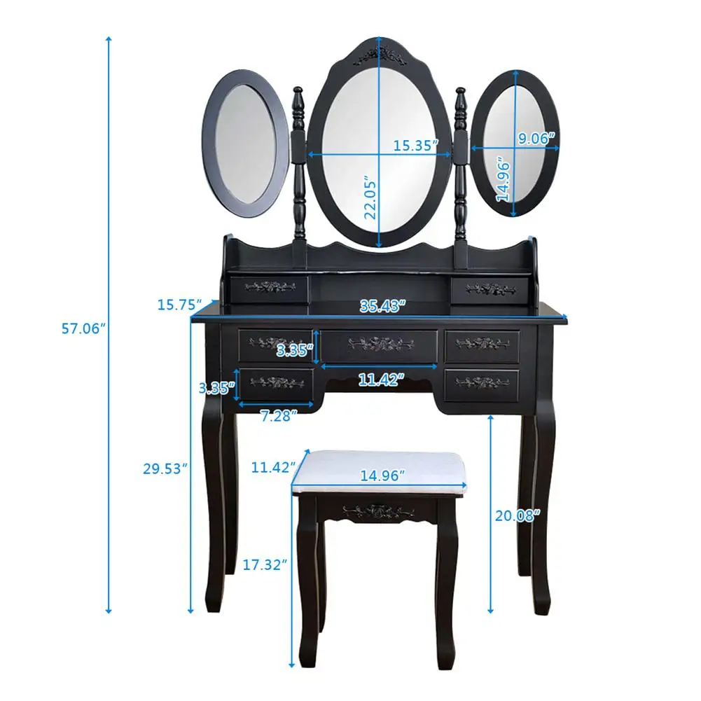 

Tri-Folding Mirrors Makeup Dressing Table Vanity Desk Black with 7 Drawers Furniture Bedroom Dressing Table