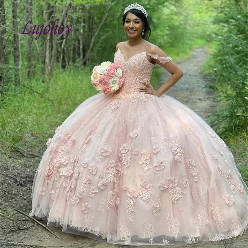 

Pink Lace Quinceanera Dresses Ball Gown Mexican Off Shoulder Princess Masquerade Long Sweet 16 Prom Dress 15 year old