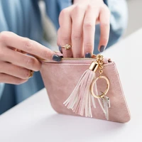 womens pu leather coin purse short zipper tassel mini wallets student girls cute credit id bank card holders keychain bag