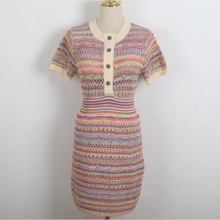 

2022 summer vintage Colorful striped knitted sweater dress women short sleeve a-line dress