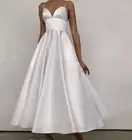 Платье свадебное атласное женское, пикантное белое ТРАПЕЦИЕВИДНОЕ с глубоким V-образным вырезом и карманами, длинное чайное платье с открытой спиной, реальные фотографии