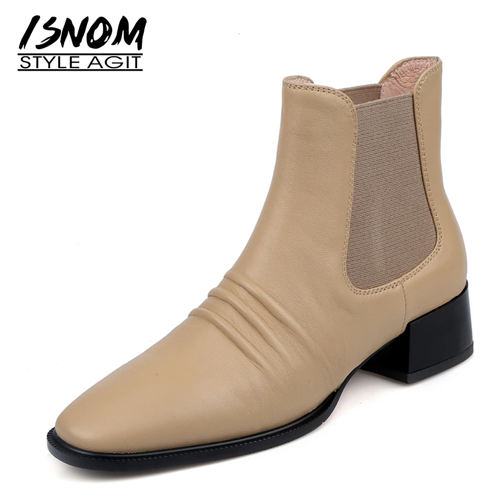 

ISNOM Chelsea Boot Women Genuine Leather Ankle Boots Shoes Woman Slip On Chunky Heel Square Toe Short Booties Vintage Skid Proof