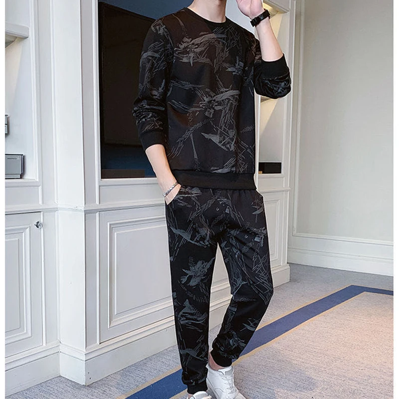 

2020 new men's long sleeve casual sports suit spring and autumn thin two-piece camouflage jacquard casual two-piece suit