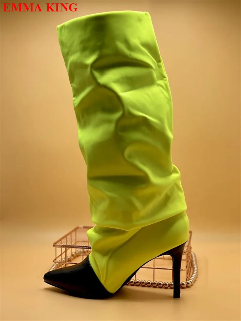 

Женские неоновые высокие сапоги до колена в стиле пэчворк, с острым носком, высокие сапоги на высоком каблуке, вечерняя женская обувь, женск...