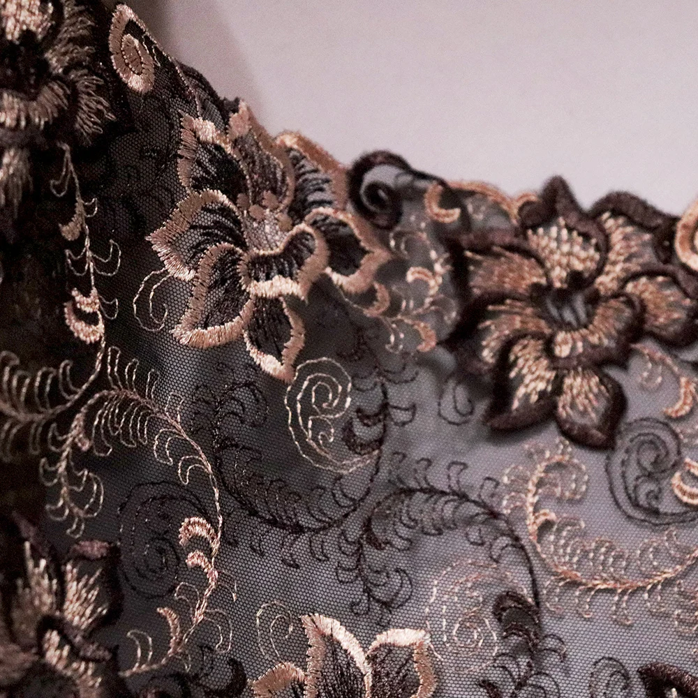 

1 Meter 16 CM Width Brown Floral Embroidered Lace Trim Black Tulle Fabric For Bra Lingerie Underwear Doll's Dress Decor Handmade