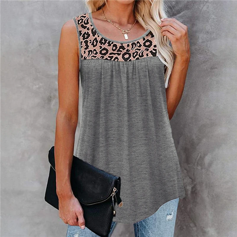 Майка женская с леопардовым принтом Свободная безрукавка круглым вырезом