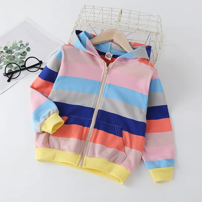 

Baby Girls Coat Rainbow Striped Jacket Zipper Hoodie Clothing Jacket Autumn Kids Outerwear Children Girl Clothes