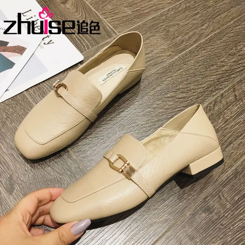

Retro British style square head deep mouth small heel women's leather shoes 2021 autumn new Korean women's single shoes