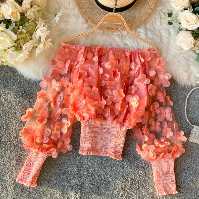 Милая шифоновая блузка с вырезом лодочкой и 3D цветами газовая рубашка