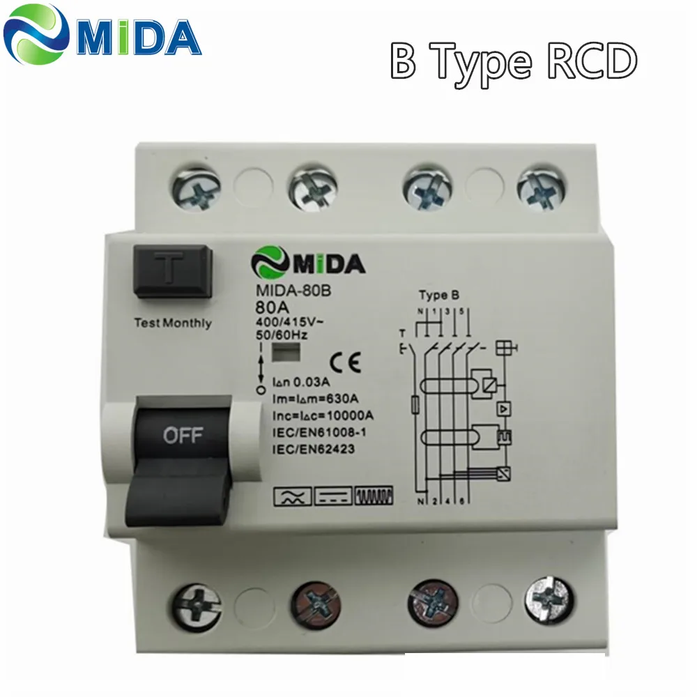 

RCCB 10KA 4Pole 30mA Type B RCD 40A 63A 80A B Type RCCB MIDA-80B for EV Charger Station