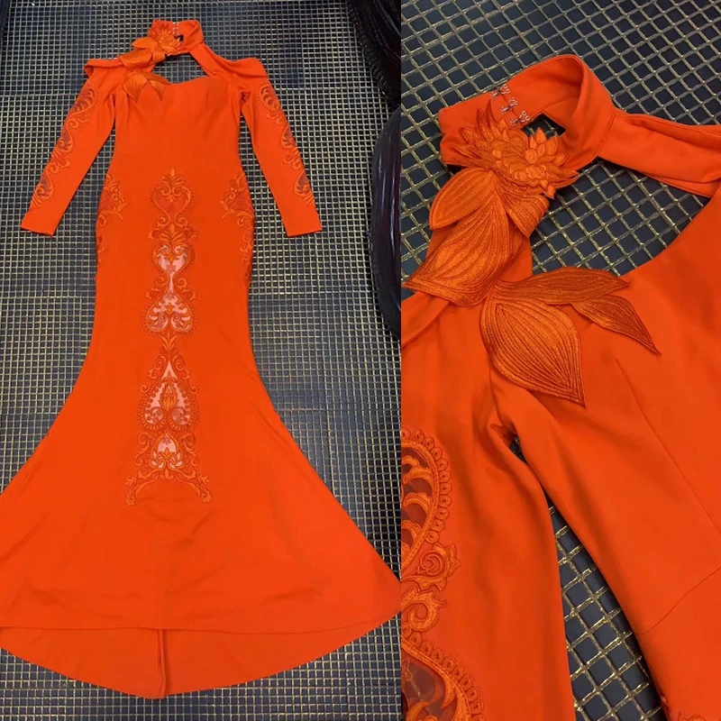 

2019 Orange Fashion Appliques Long Sleeve Sexy Backless Hollow Out Mermaid Long Dress Women Elegant Evening Part Maxi Dresses