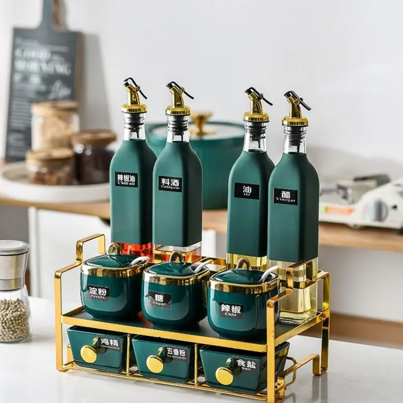 

Glass Olive Spice Bottle Set Large Green Spoon Ceramic Oil Jar Salt Luxury Gold Lid Pojemniki Na Przyprawy Kitchen Tools OC50TL