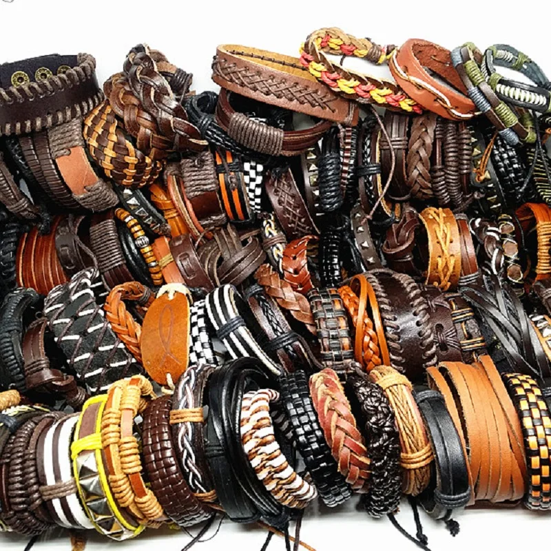 

MixMax 50pcs/pack assorted retro Handmade men's top Genuine Leather tribal surfer cuff bracelets mix styles