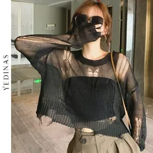 Yedinas Black Gothic Thin Women Pullover Loose Sweater 2021 Lady Hollow Out Hole Broken Streetwear Stretch Split Knit Short Top