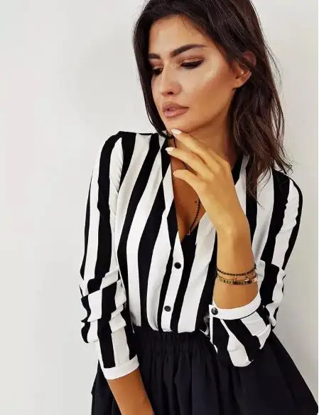 2019 Модные полосатые женские свободные рубашки с длинным рукавом и V образным