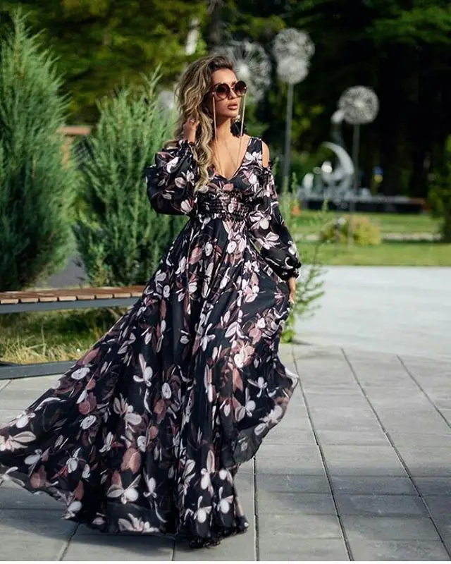 

Mandylandy Spring and Summer Long Sleeve Fashion Floral Print Loose Dress Women's Casual V-neck Off-Shoulder High Waist Dress