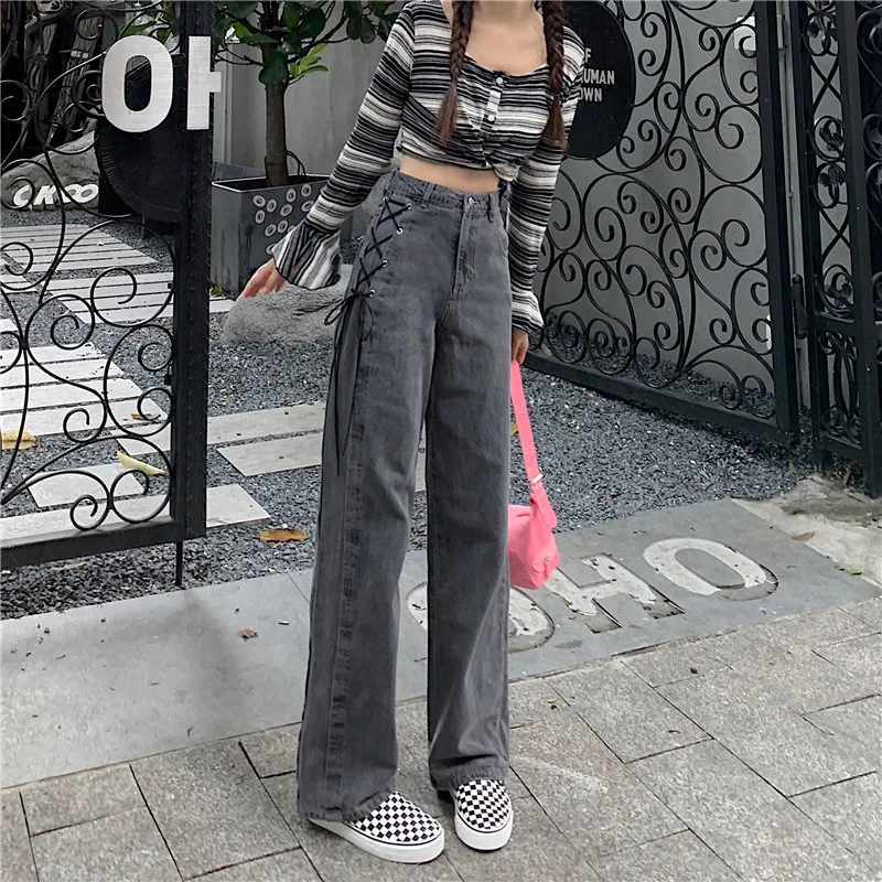 

Korean Vintage Grey High Waist Cowboy Trousers Loose Sweety Bandage Bow Denim Base Casual Straight Wide Leg Pants Female