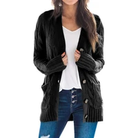 fashion womens autumn and winter loose cardigan sweater with pockets solid color twist button cardigan