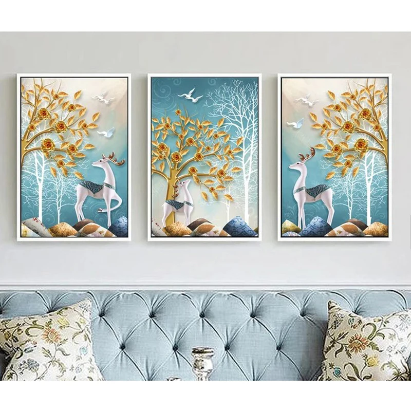 

Diamond Embroidery Mosaic Painting Cross Stitch Full North European Elk Golden Leaves Rich Trees Triptych DIY 5D Decoration Gift