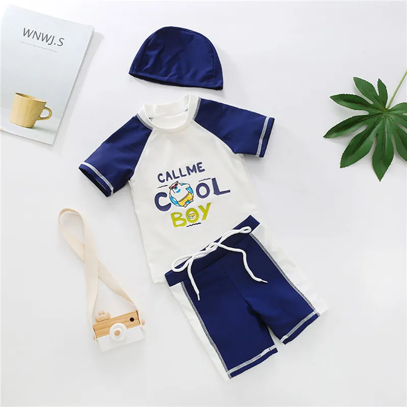 

Toddler Baby Summer Clothes Boy's Swimsuit Set Letter Print Short Sleeve Tops Shorts Cap There-Piece Suit for Swimming Beach