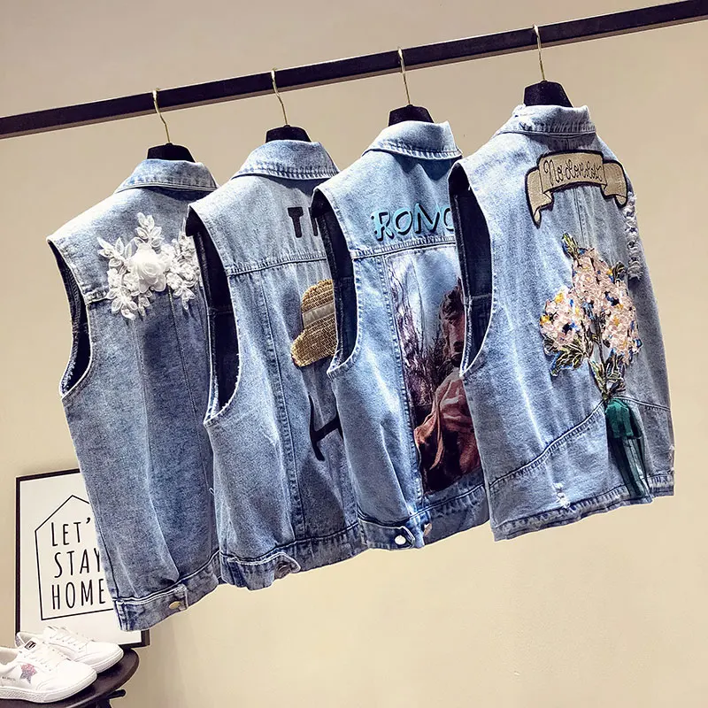 Жилет джинсовый женский с дырками повседневный жилет из денима цветочными