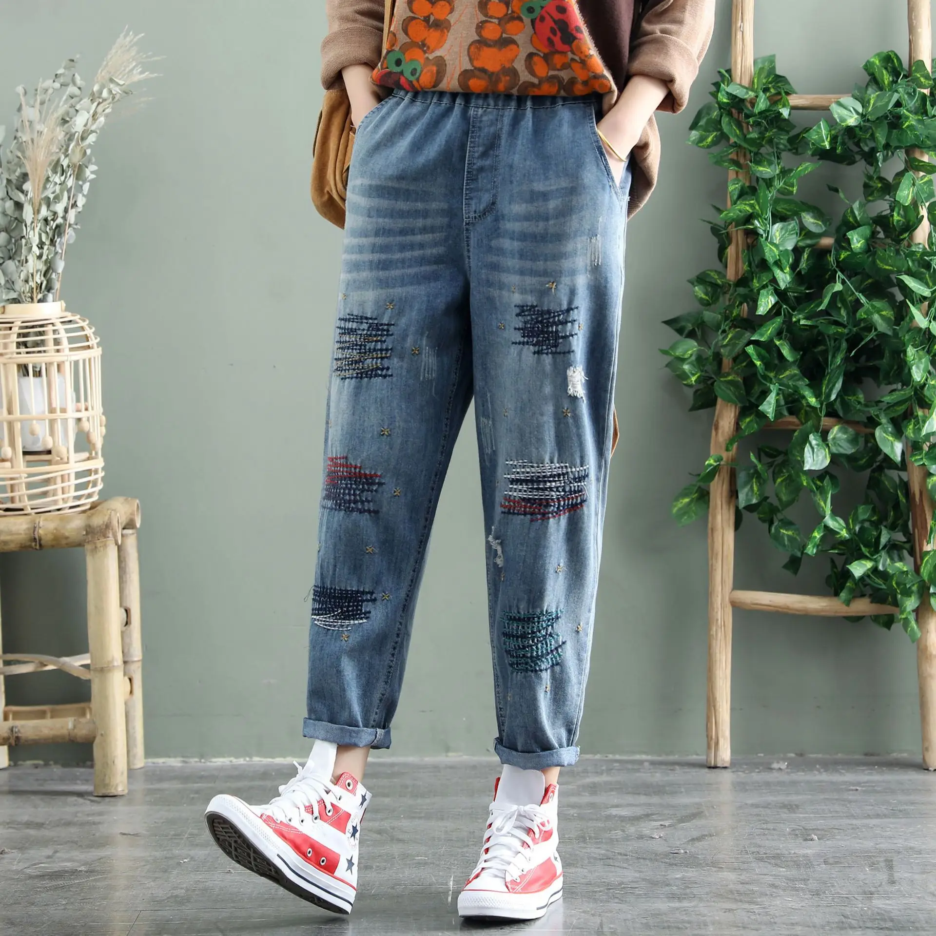 Женские рваные джинсы в винтажном ретро-стиле тонкие брюки до щиколотки с