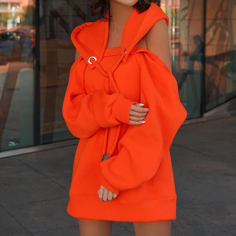 

New Women Autumn Spring Tops Elegant Print Sweatshirt Hooded Warm Pullover Ladies Off Shoulder Hollow Out Oversized Streetwear