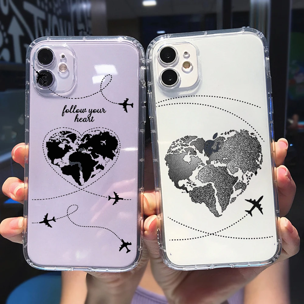 

PUNQZY World Map Travel Phone Case For Iphone 13 12 11 PRO MAX 6 7 Plus XS XR XS MAX SE 2020 Soft TPU Anti-Fall Silica Gel Cover