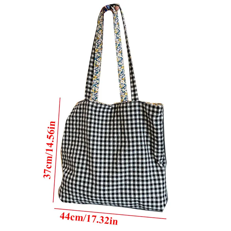 

Floral Canvas Bag For Women Large Capacity Shopping Bag Check Pattern Handbag Double-sided Shoulder Bag Korean Version Tote Bag