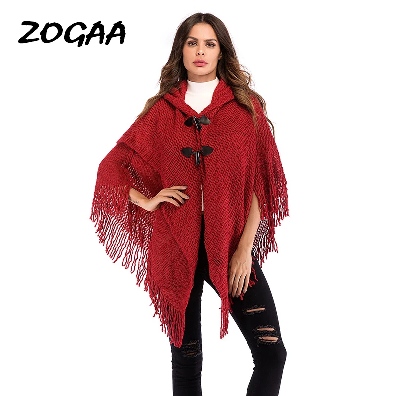 ZOGAA 2019 Red Knitted Cloak Sweater Women Casual Loose Tassels Shawl Autumn Winter Streetwear Poncho Hooded Pullovers | Женская одежда
