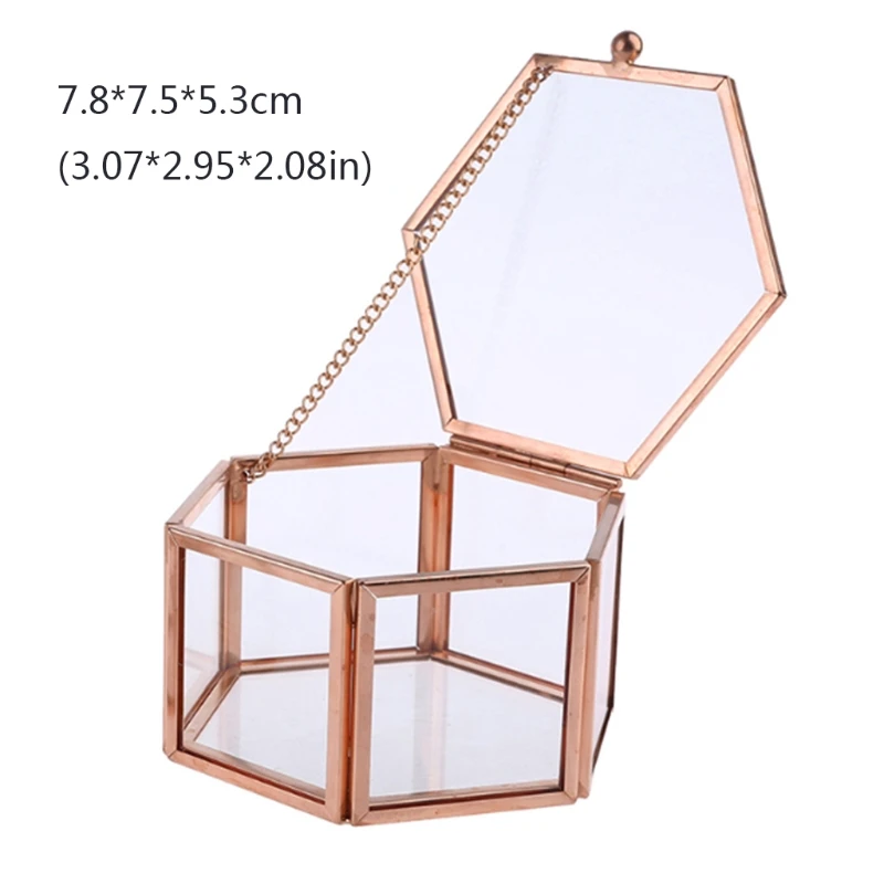 

Hexagon Transparent Rose Gold Glass Ring Box Wedding Ring Box Geometric Clear Glass Jewelry Box Organizer TabletopHolder