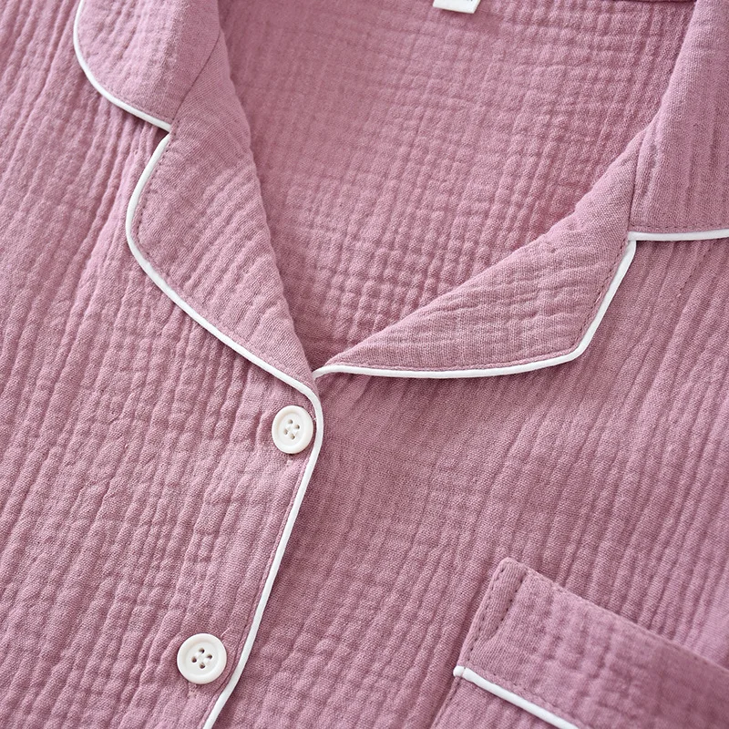 

New spring and autumn pure cotton crepe cloth couple soft and breathable men long-sleeve simple home service women two piece set