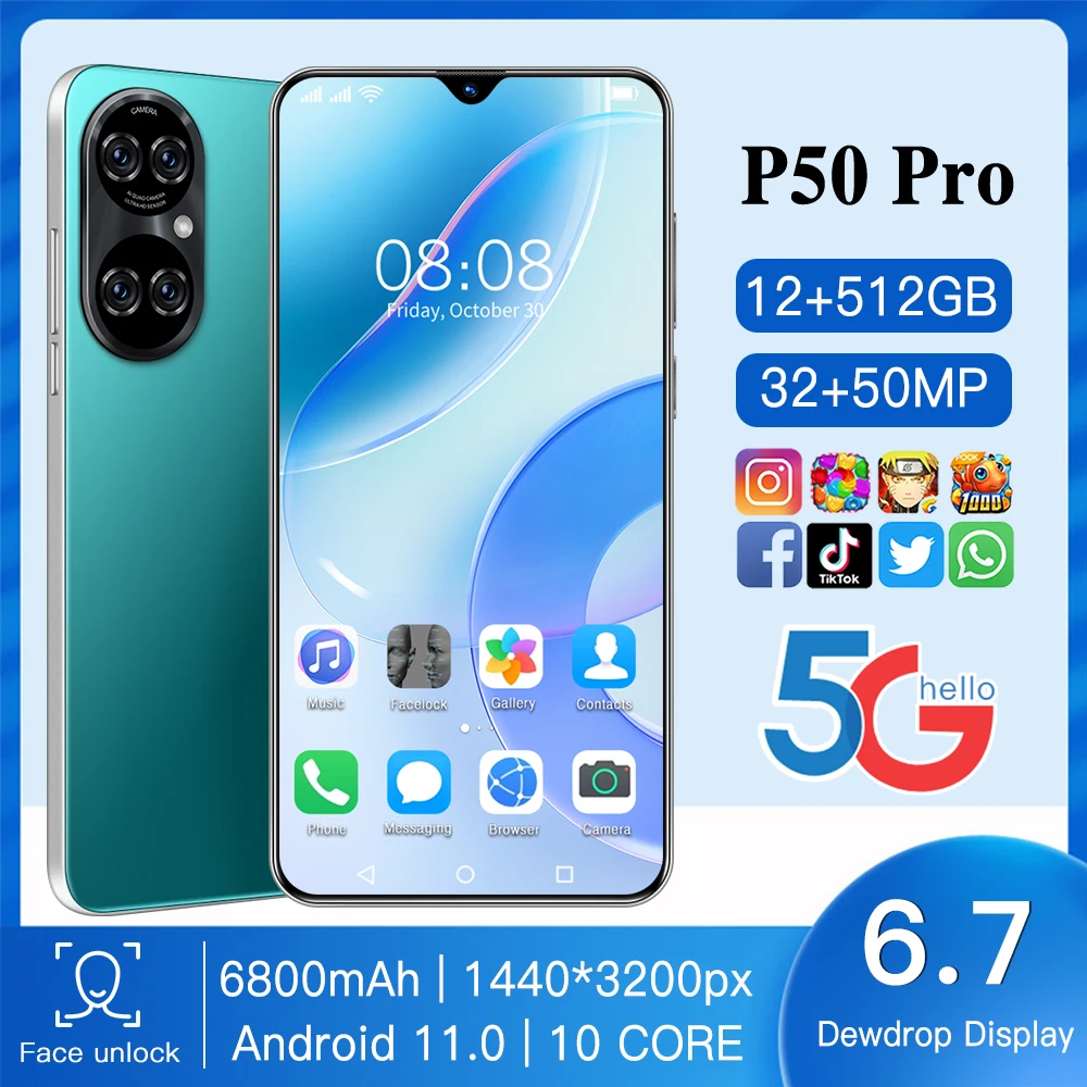 

P50 Pro Smartphone Android 11.0 Qualcomm 888 Featured Phone 0 cores Push-button Phone 2+512GB 6.7 6800mAh Unlocked Cell Phones