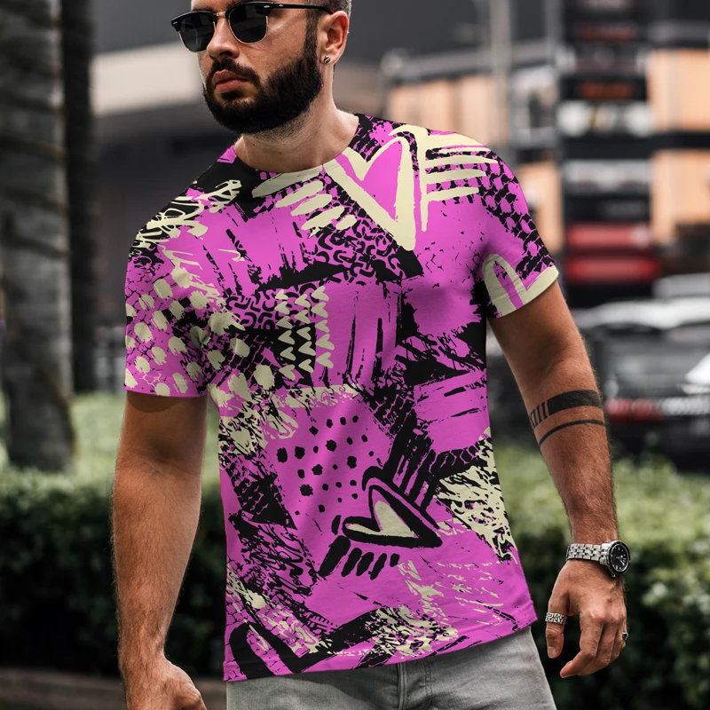 

2021 New Design Trend Graffiti Printed T-shirt Letter Cartoon Geometric Stripe cClor Matching Short Sleeve Men's Round Neck Tops