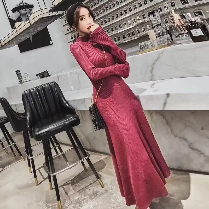 Женское трикотажное платье свитер Vestido Longo длинное из полиэстера и хлопка на