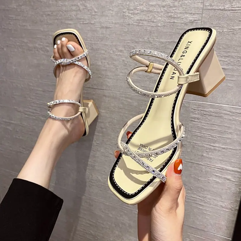 

Beige Heeled Sandals All-Match Female Shoe 2021 Women's Buckle Med Black Girls New Clear Comfort Rhinestone Medium Summer High F