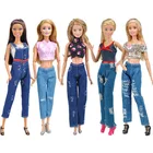 5 комплектов в партии Модная Одежда для куклы Барби футболка с короткими рукавами с изображением героев из мультфильма и джинсы брюки одежда ручной работы для кукольный домик Barbie кукла 16 аксессуары