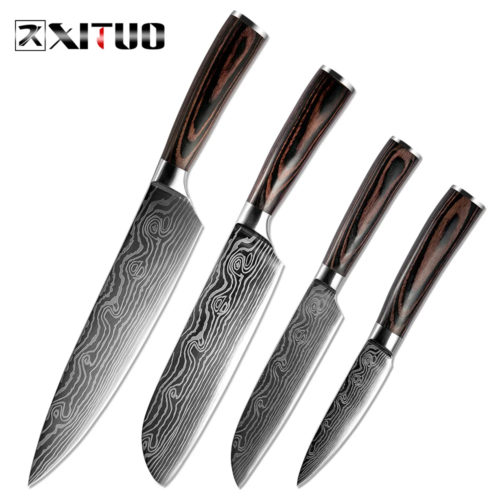 

XITUO Kitchen Knife Imitative Damascus Steel Chef Knives Cooking Tools 3.5"5"7"8" Inch 4pcs Set Japanese Santoku Utility Gift