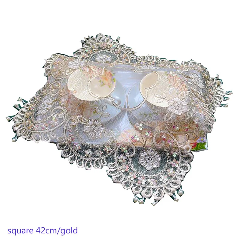 

HOT Gold lace embroidery table place mat cloth coffee pad cup Wedding tea coaster placemat Christmas doily dining mug kitchen