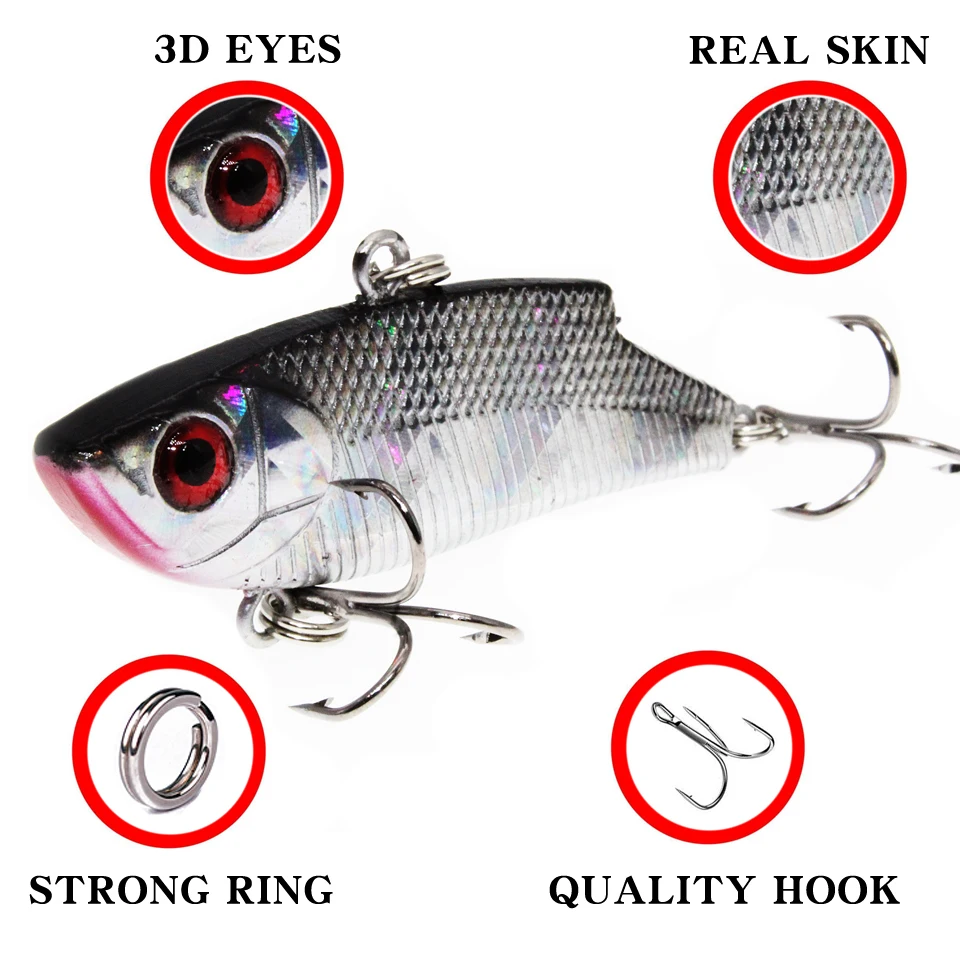 1pcs 5.5cm 10g Hard VIB Lures Fishing Minnow Bait Treble Hooks Sinking Crankbait Wobblers Fishing Tackle 3DEyes