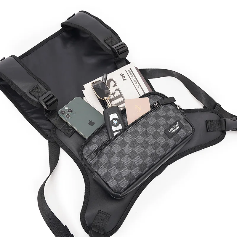 

New Check Leather Chest Bag Vest Backpack Men Hip-Hop Streetwear Tactical Vest Utility Pack Teens Small Phone Key Sport Pouch