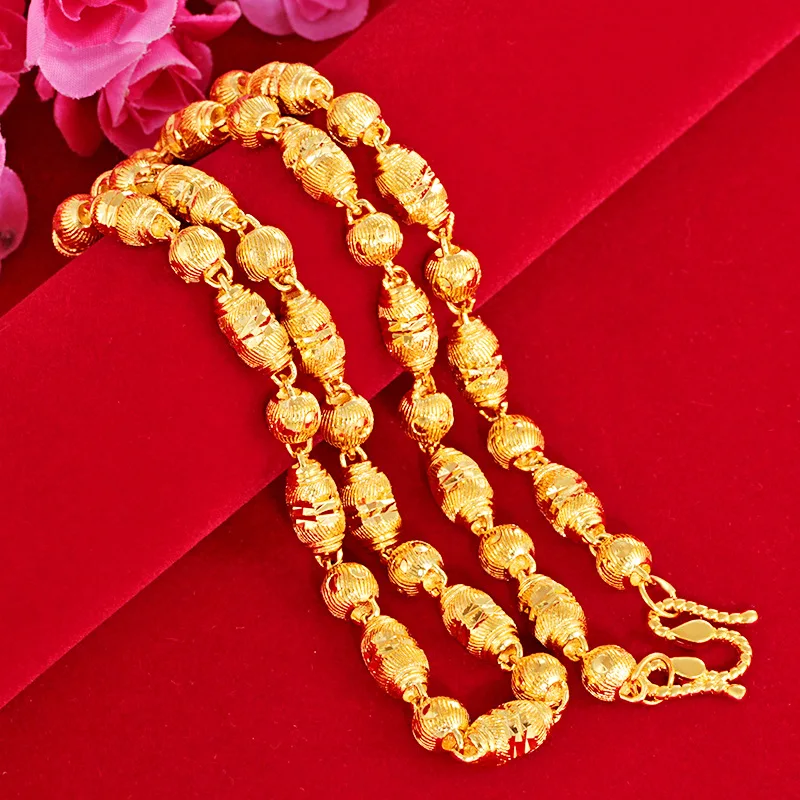 

60cm 24k Yellow Gold 8mm Olive Beads Necklaces for Men Wedding Engagement Not Fade Chain Clavicle Necklaces Fine Jewelry Gift