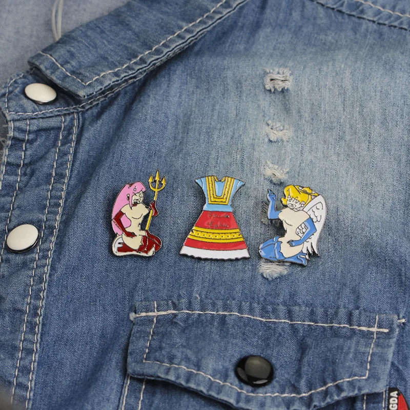 Значки с героями мультфильмов забавные броши в форме платья ангела и дьявола для