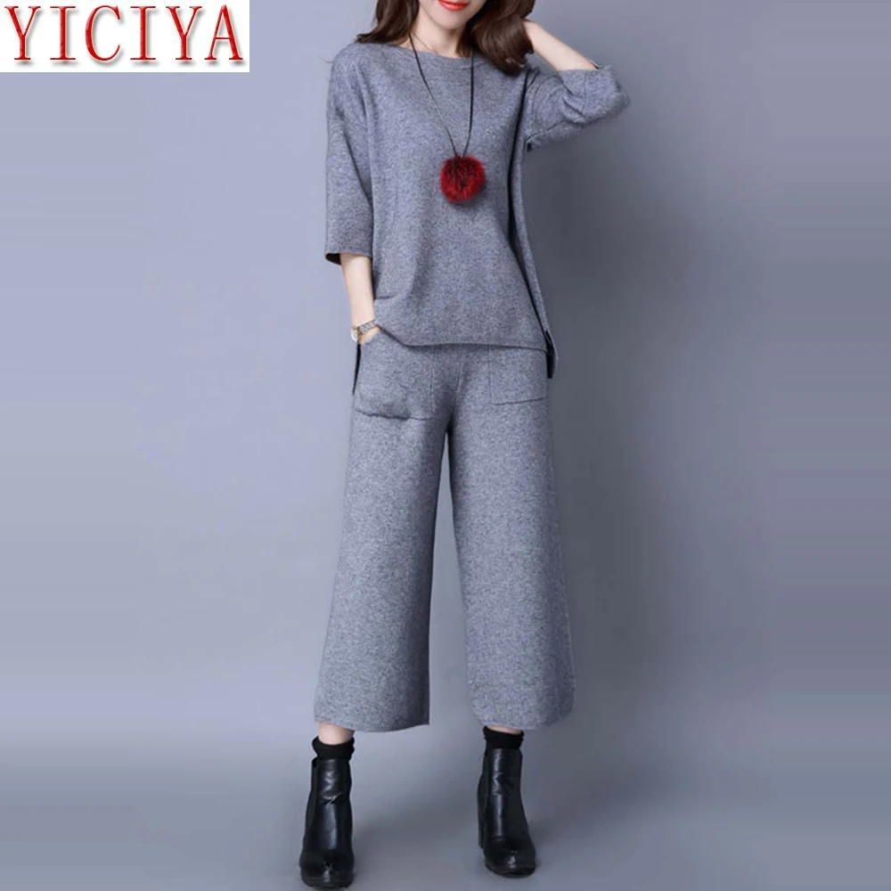 

2020 Spring Summer Two Piece Set Top And Pants Suits Knitted Tracksuit For Women Suit Outfits Gray Plus Size Matching Clothing
